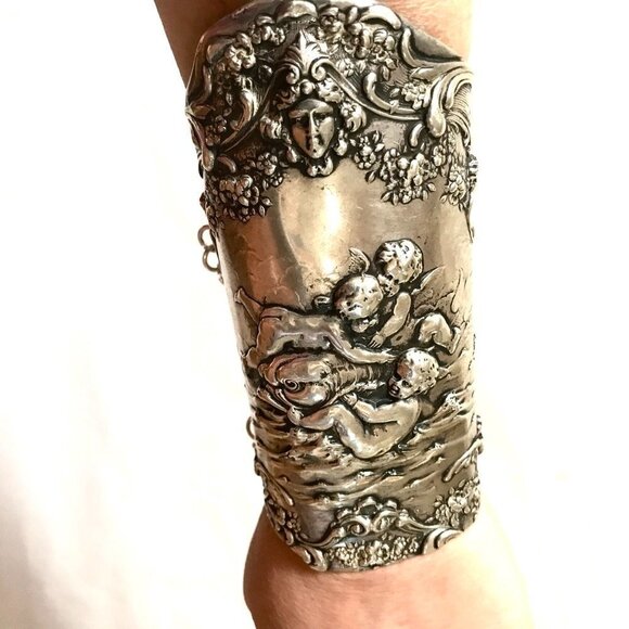 Cherub Gorham Sterling Silver 925 Bracer Wide Cuff Bracelet Gladiator Victorian - Picture 5 of 11